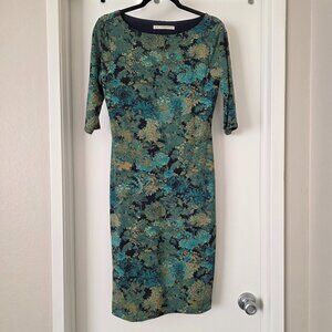 Peruvian Connection Floral Tunic Dress Green Gold Pima Cotton Stretch Size S
